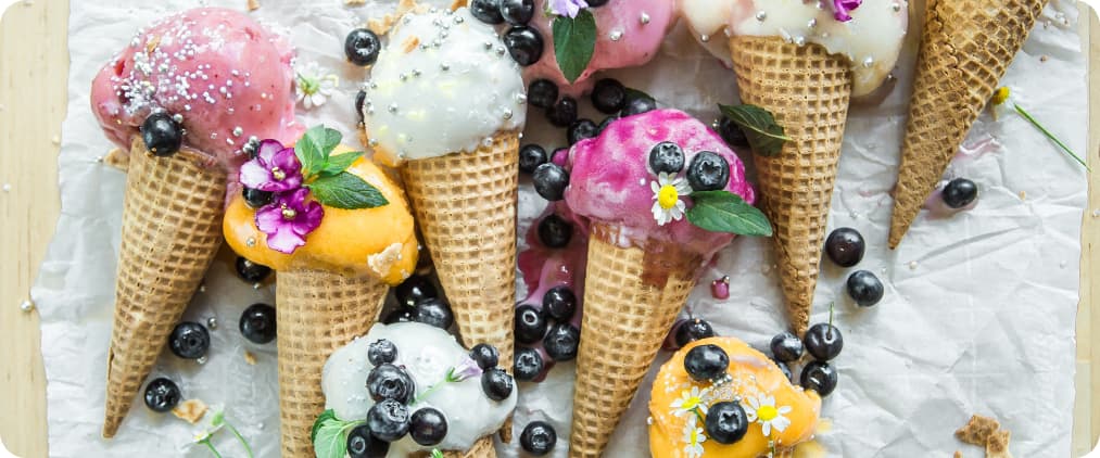 fruit ice cream in a waffle cup